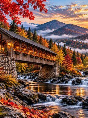 Autumn Covered Bridge Wall Art, Fall Mountain Landscape Print